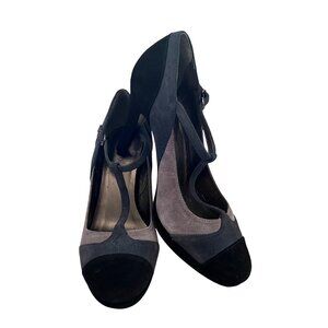Boden Size 8 Black & Gray Suede Round Toe T-Strap Mary Jane High Heel Pumps Shoe